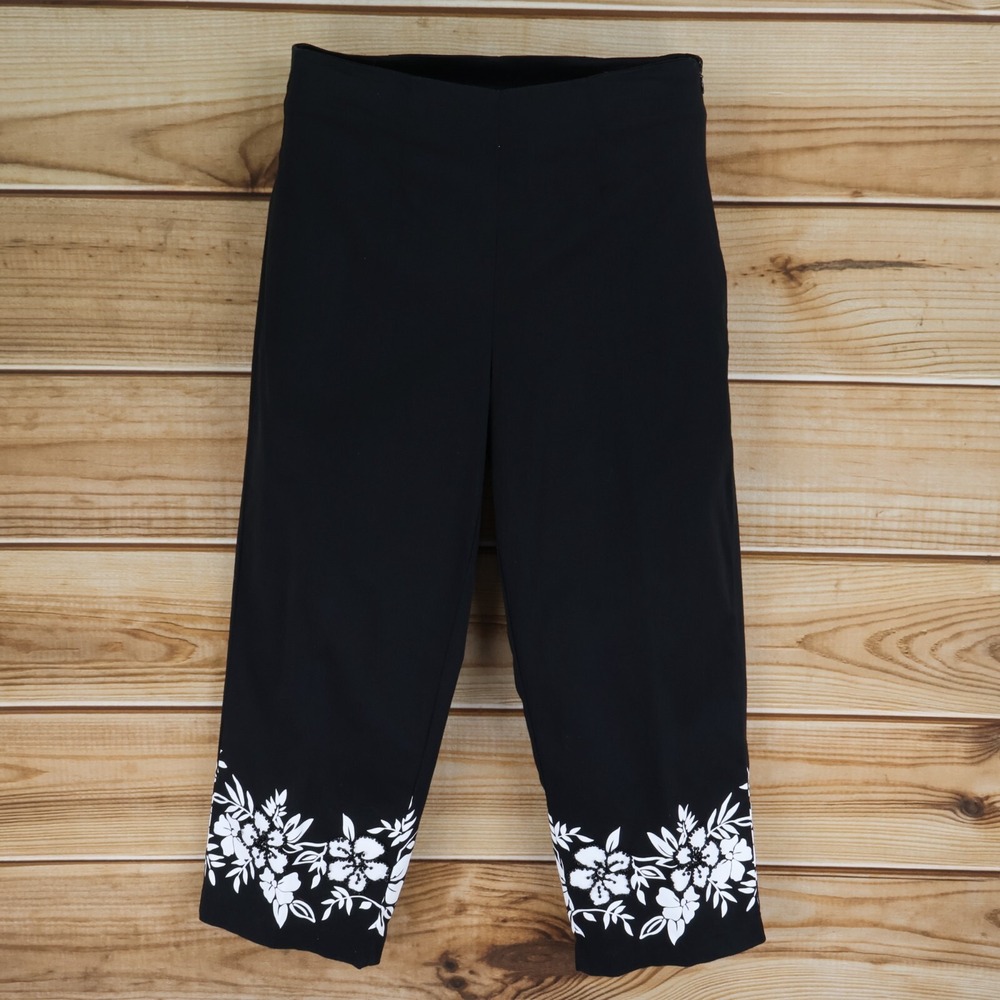 C.D. Sport Capri Pants Womens Size 10 Black Cotton‎ Blend Floral Accent Beaded
